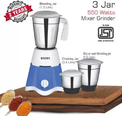 Baltra BMG-155 Pro 500 Mixer Grinder (3 Jars, Blue, White, Silver) Baltra BMG-155 Pro 500 Mixer Grinder (3 Jars, Blue, White, Silver)